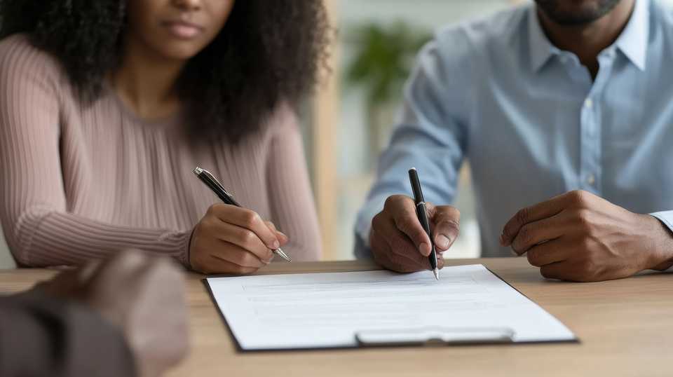 a couple signing a divorce agreement in a legal office